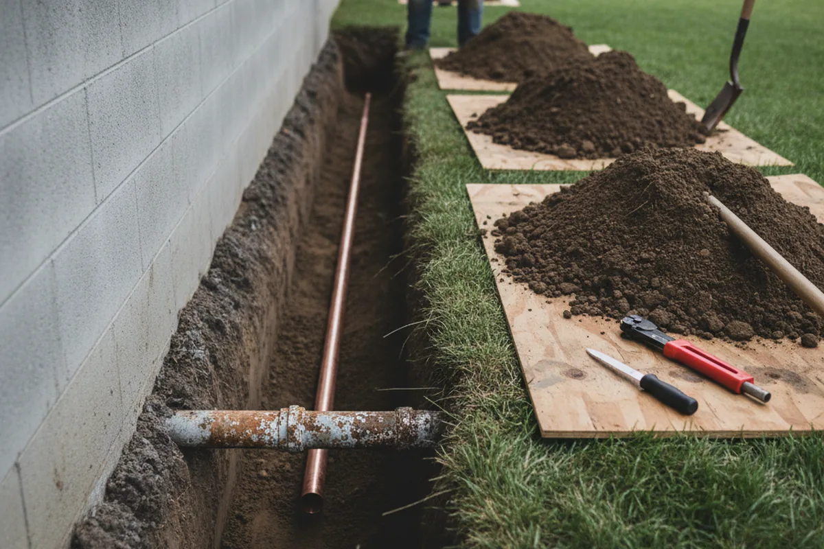 Excavated water line trench during Water Heater Repair in East Smithfield